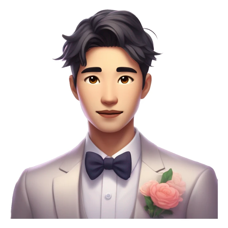 Gorgeous romantic anime style Asian formal modern gentlemanly guy with flowers and blushing face aesthetic trending style outside with colorful gradient bright light colors sticker
