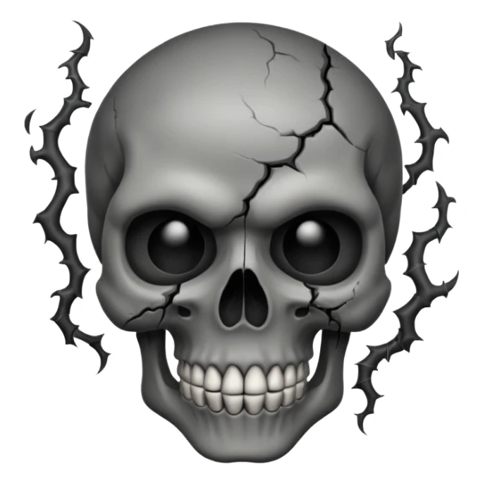 iOS style emoji, dark fantasy skull, cracks, black smoke from eyes, soft light, stylized sticker
