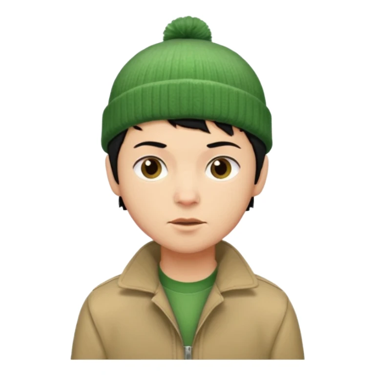 young man with pixie cut black hair, green beenie hat, tan jacket and pork chop sideburns sticker