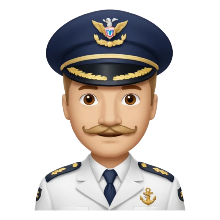 A light-skinned man with brown eyes and a mustache, smiling while wearing a white captain’s hat with a navy emblem. sticker