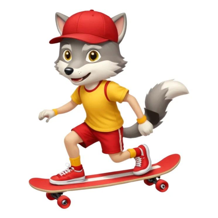 A gray wolf with large, expressive eyes and a friendly smile. The gray wolf is wearing a bright yellow T-shirt, red shorts, white knee socks, and sneakers. The baseball cap is on backwards. The wolf is preparing to perform a skateboarding trick. sticker