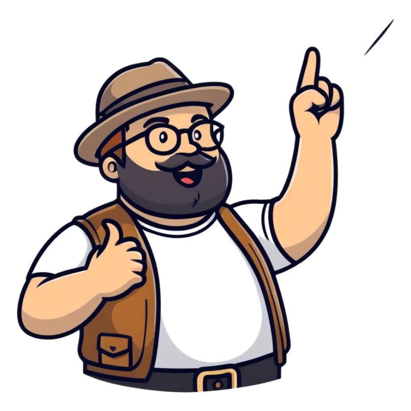 Fat bearded nerd wearing fedora hat pointing up to the sky with finger sticker