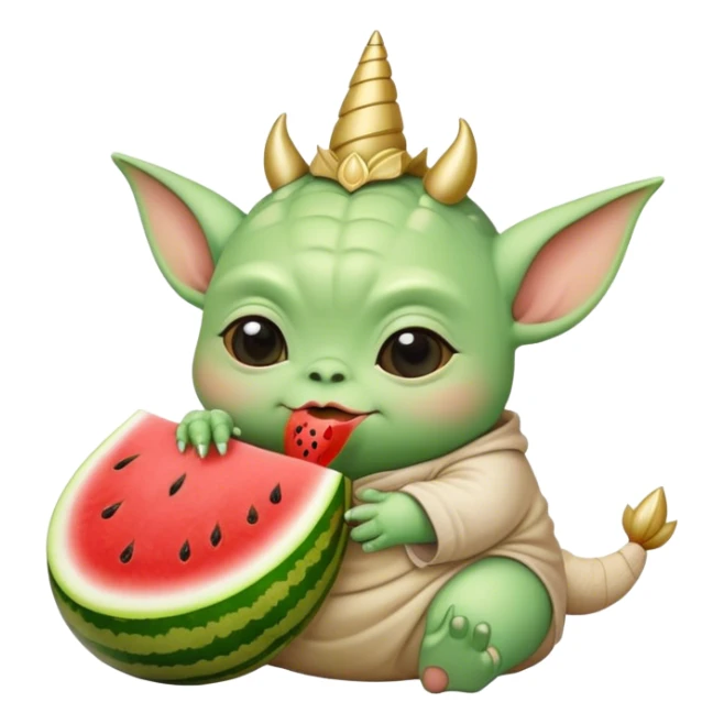 Fat baby Yoda eating watermelon and chicken on a unicorn sticker