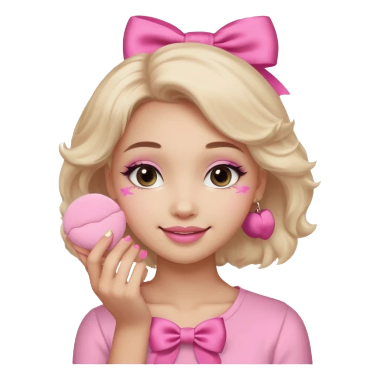 female face, light skin tone, small simple closed smile. One hand visible holding a round fluffy pink makeup powder puff pressed to the cheek; the puff has a small satin bow. sticker
