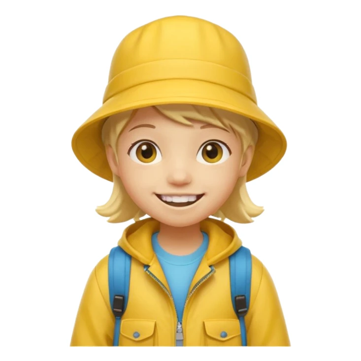 Little student wears yellow bucket hat and jacket, backpack, happy sticker