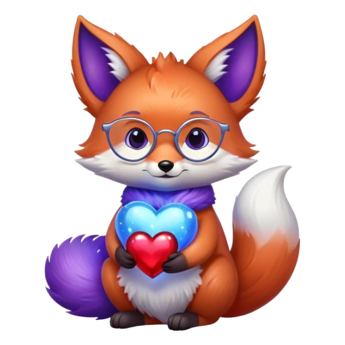 small magical fox with shimmering purple and blue fur, glowing fluffy tail, silver star on forehead, round glasses, tiny lantern, hugging a big red heart sticker
