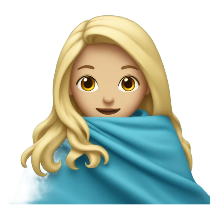 A blonde girl is covered with a blue blanket sticker