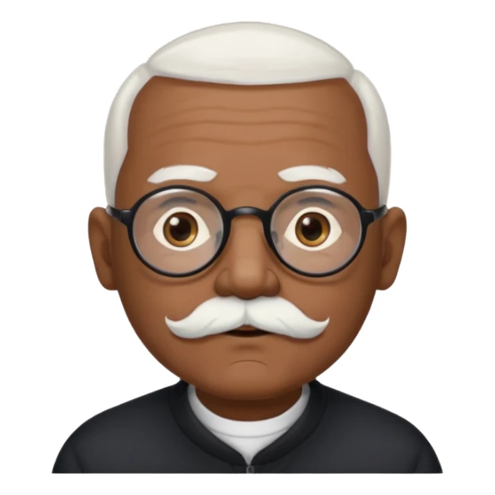 an elderly man with medium-dark skin tone, bald on top with short white hair at the sides, thick white eyebrows, large brown eyes, and wears black-framed glasses.
A small white beard sits above his mouth sticker