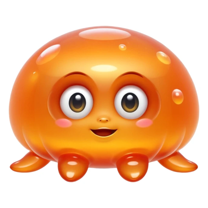 a combination of a water droplet and a ghost tail.
The bottom part is softly squished and slightly curled like a tail
floats in the air with no feet, has small round hands like jelly
Ieyes are large, round, and sparkle like jelly marbles.
The character has a translucent jelly-like texture. sticker
