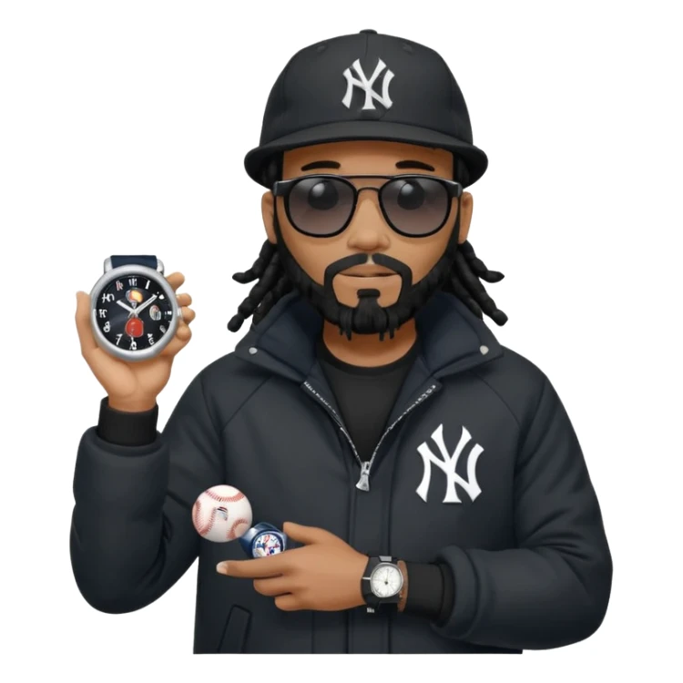 African American Man with shoulder length black dreadlocks with black beard wearing black sunglasses wearing a black bubble winter coat and a New York Yankees logo baseball cap checking the time on his wrist watch sticker