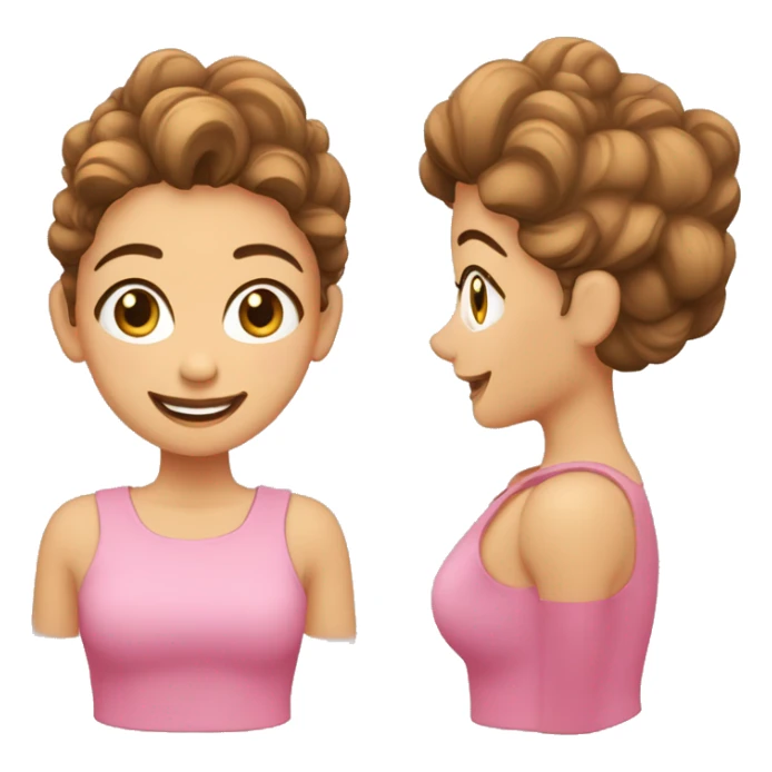 mujer con pelo castaño ondulado, ojos marrones, ambo rosa, sonriendo, brazos cruzados sticker