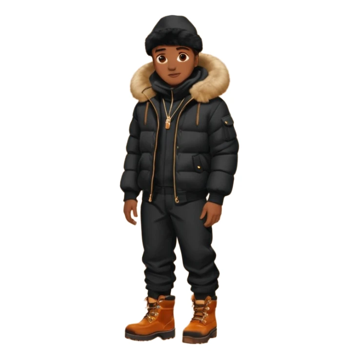 Handsome Black grown man with brown skin tone, wear black joggers, a black bubble coat with a fur brim on the hood, and buckwheat timberland boots sticker
