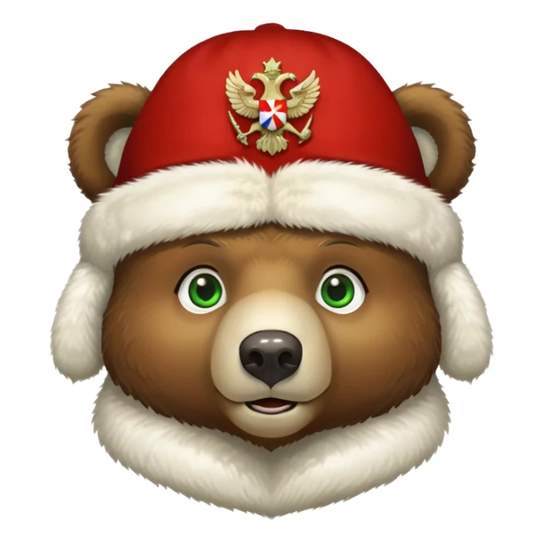 Cute Russian brown bear head with friendly expression and bright green eyes, wearing white furry ushanka hat with realistic double-headed eagle coat of arms centered sticker