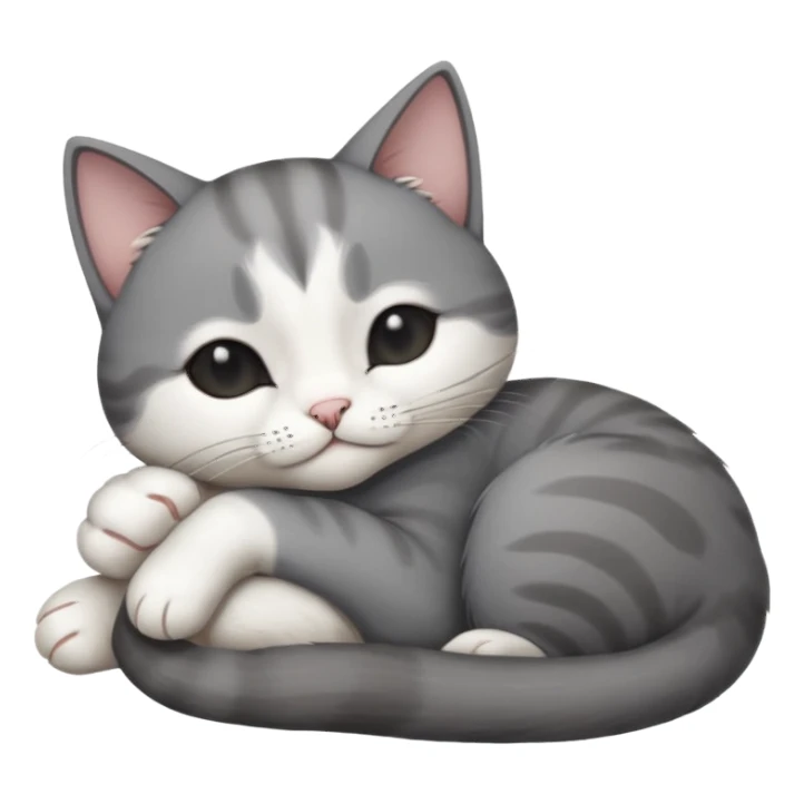 dark grey and white small cat with its eyes closed lying down leaning on its elbow with its paw curled under its head holding it up sticker