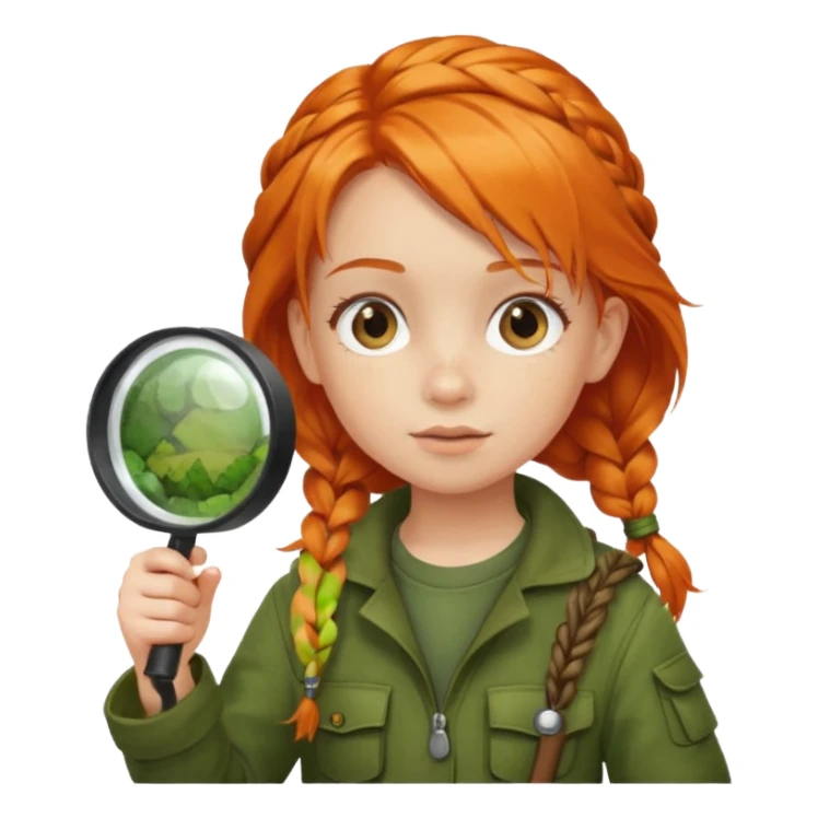 braid orange haired girl kid in moss green explorer outfit, holding magnifying glass sticker