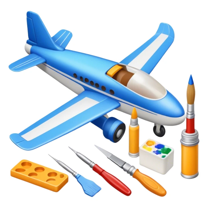 photorealistic icon featuring model-building tools like glue, paint, paintbrushes, pieces of a plastic model airplane in the process of being assembled. The design includes detailed textures of the model pieces and tools, capturing the focus and creativity of model building. Transparent background. sticker