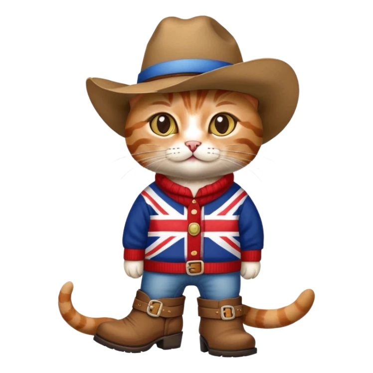 cat wearing union jack sweater and big cowboy hat and cowboy boots sticker