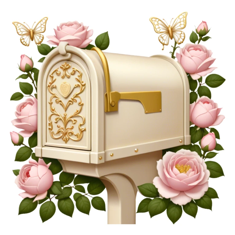 A vintage-inspired letterbox scene, where an old-fashioned ivory mailbox with golden filigree stands in a blooming rose garden, overflowing with love letters adorned with pressed blush roses and white peony petals, with pearl butterflies fluttering nearby. sticker