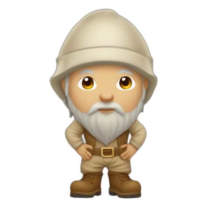 side view of gnome with light tan pants and light tan boots squatting in front of small dirt pile sticker