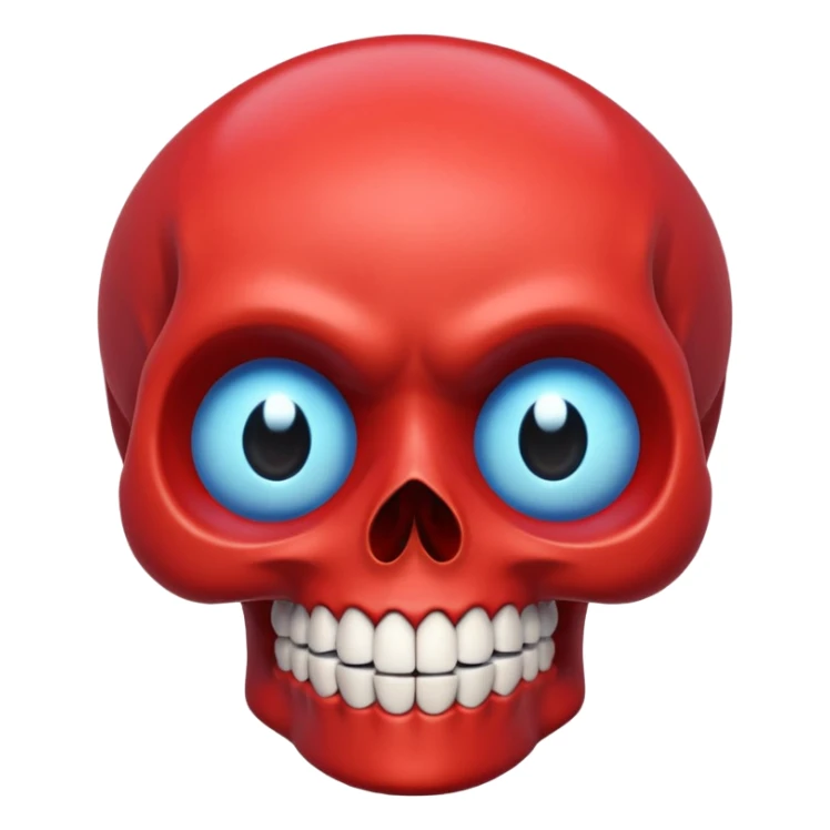 “A bright red cartoon skull with a smooth shiny surface, large round blue eyes with white outlines, a wide exaggerated smile showing big detailed teeth, simple black nose cavity, clean symmetrical face shape, centered on a plain light background, HD, sharp, vibrant, no distortion.” sticker