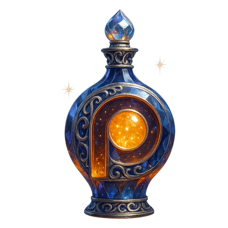 luxurious crystal elixir bottle inspired by the Patreon logo, orange and dark blue colors, ornate silver and iridescent details, magical glowing and sparkling effects, very small neck, seamless bottom, transparent background, bottle clearly floating in air, no base or shadow, modern, collection style sticker