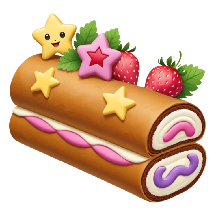 a cake roll with yellow pink and purple star on both side of cheeks do there 6 star in a then it has white frosted cream on the top of the brown cake roll and he’s kiss a strawberry with long green leafs  sticker