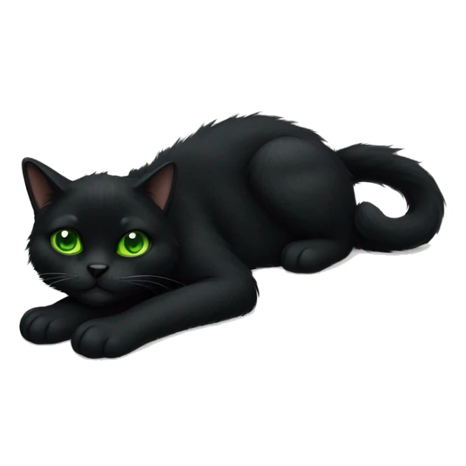 Black furry cat fully body laying down with green eyes sticker