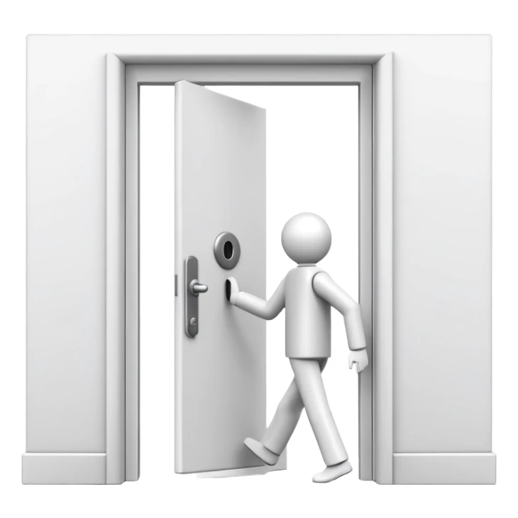 minimalistic icon of a white human figure walking through an open outlined door, viewed from the front, door with visible doorknob, solid green background, flat simple clean lines, high contrast sticker