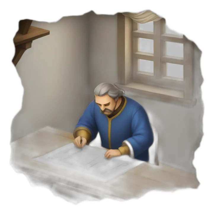 medieval architect working, overseeing a floor plan laid out on a piece of paper sticker