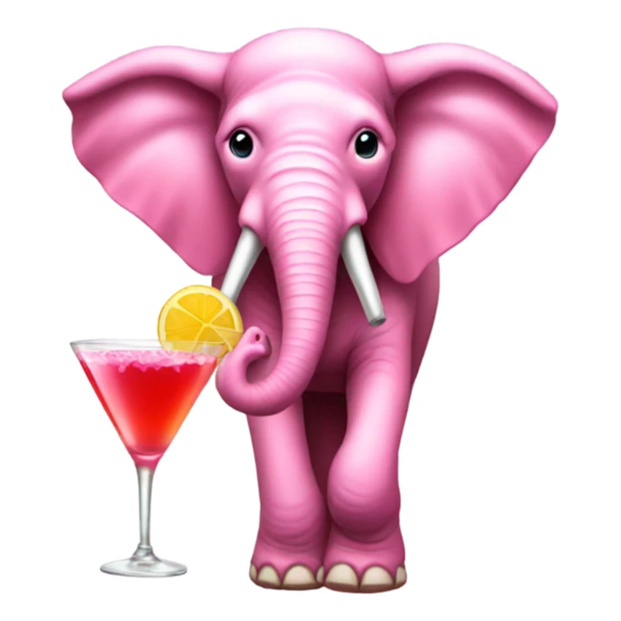 A pink Elephant wearing a ribbon holding a cocktail sticker
