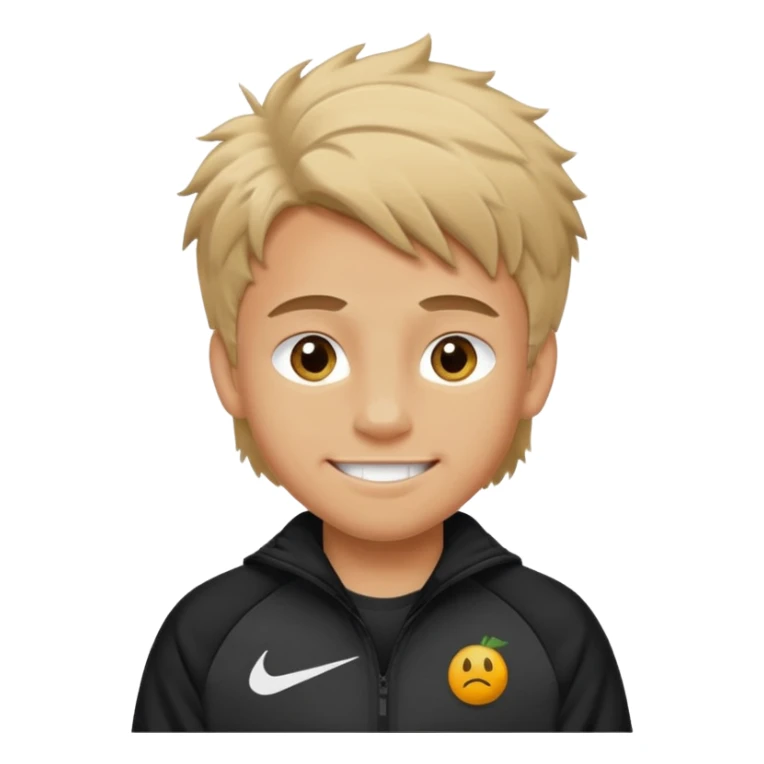 make a boy with fluffy dirty blond hair hazel eyes tan white smirky smile and nike tech sticker