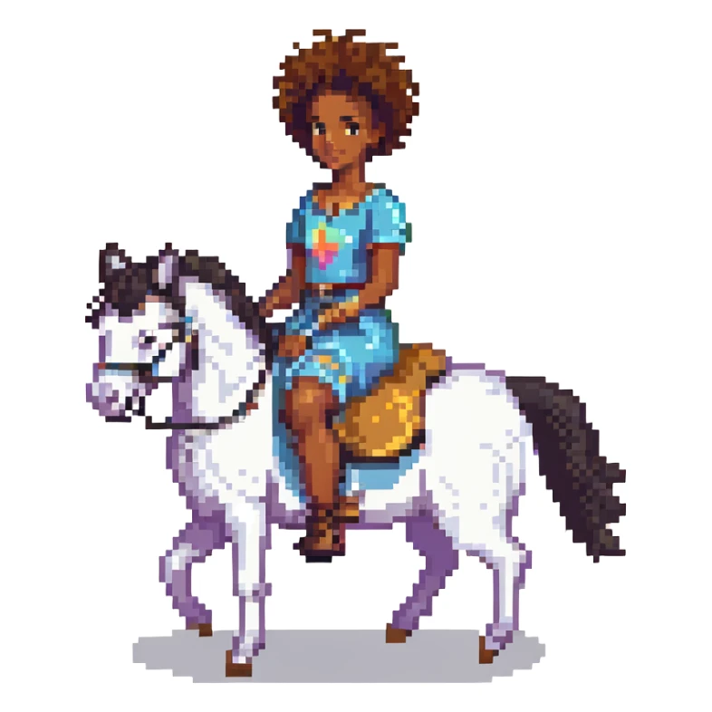 black girl with afro sitting on a white horse, pixel art style sticker