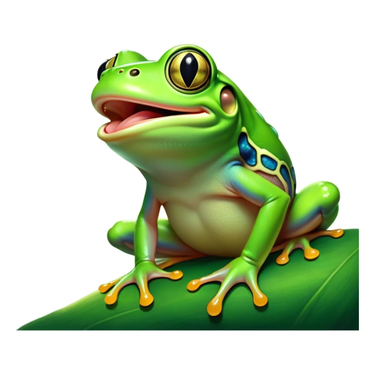 Cinematic Cute Yawning Green Tree Frog Portrait Emoji, Head tilted slightly with a dramatic, wide-open yawn, showcasing a compact, vivid green body with gently drooping eyelids and half-closed, drowsy eyes, Simplified yet irresistibly adorable features, highly detailed, glowing with a soft, cozy jungle glow, high shine, relaxed yet expressive, stylized with a dash of whimsical amphibian charm, soft glowing outline, capturing the essence of a drowsy yet affectionate green tree frog that appears ready to stretch out for a nap! sticker