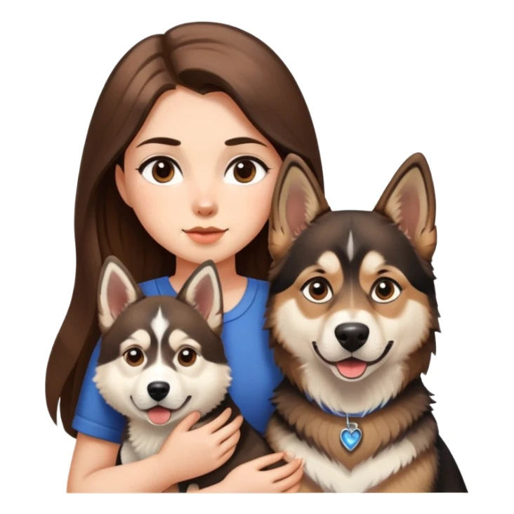 girl with long brown hair holding a german shepherd and a husky sticker