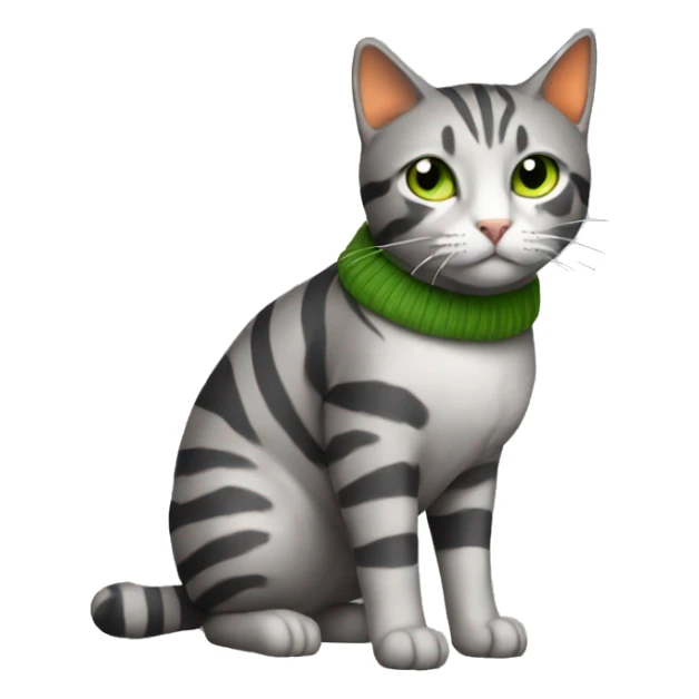 A striped grey cat with green eyes with orange sweater in full growth sticker