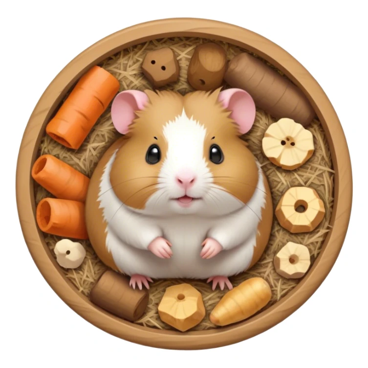 Icon for Hamster and Guinea Pig: A cute, colorful collage with a fluffy hamster running in its wheel, and a chubby guinea pig munching on some hay. Soft, playful background with tiny food pellets and a cozy bedding area. Transparent background. sticker
