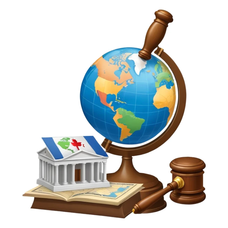 An icon featuring a globe with a gavel and a political map, symbolizing political science. The design includes a ballot box and a podium, representing democracy and governance. Transparent background highlights the study of political systems and global relations. sticker