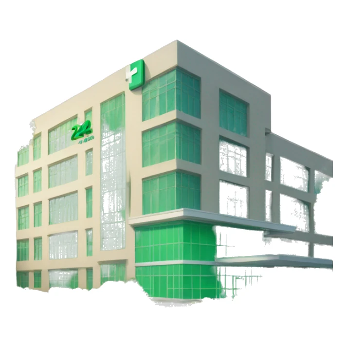 Hospital building with green sign written “24h” in it sticker