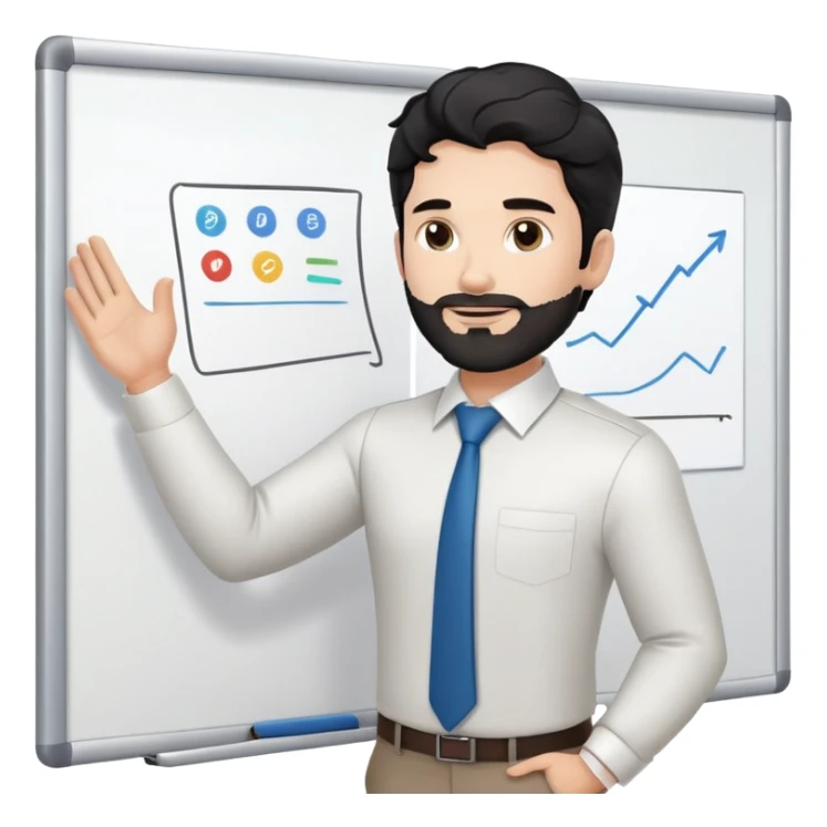 Professional 35-year-old man with black wavy hair, stubble, strong jawline, white skin tone, wearing smart casual business attire, standing in front of a diverse group, facilitating an interactive leadership workshop with whiteboard and participants sticker