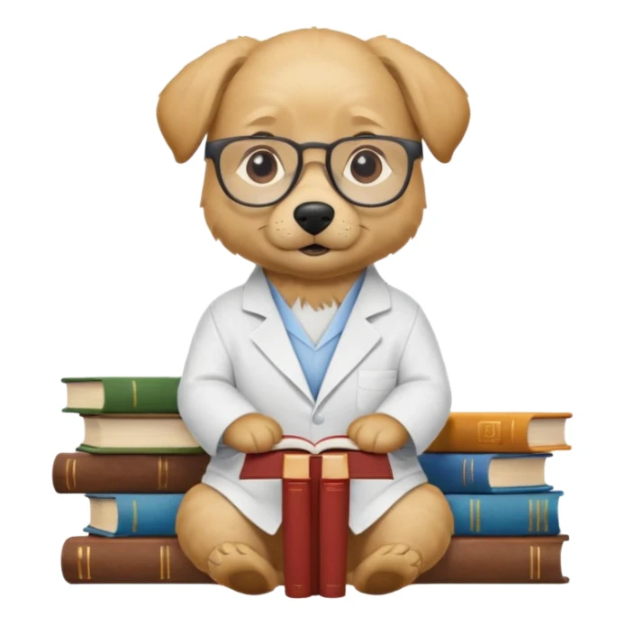 Wise dog with glasses, wearing a lab coat, perched on a stack of books. sticker