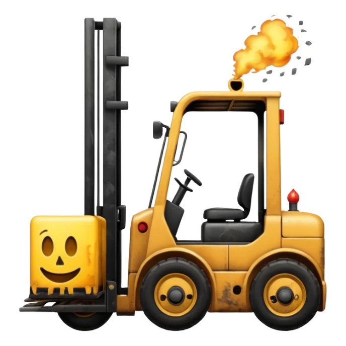 ugly, broken forklift after the explosion with emoji of blowing sticker