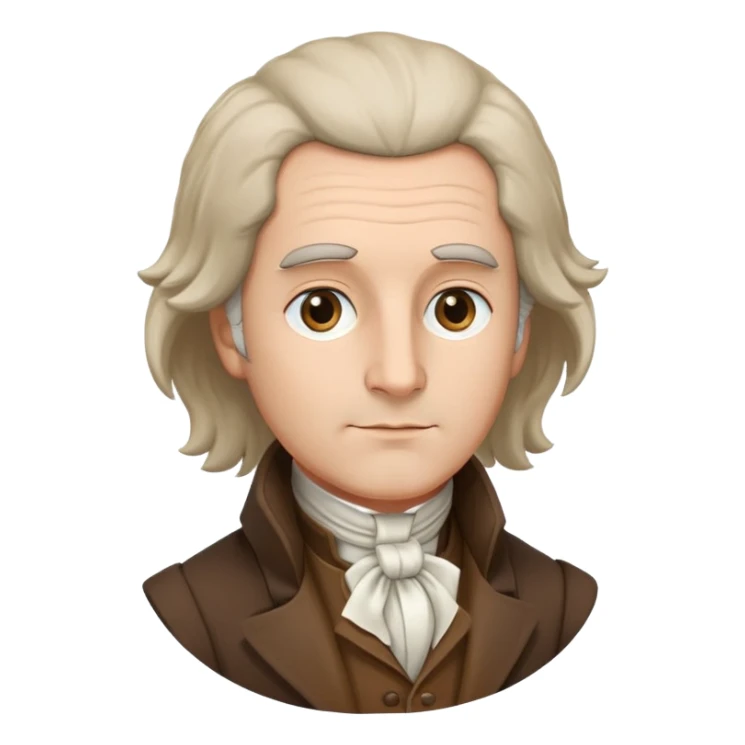 Rousseau with features matching classic portraits: oval face, prominent nose, powdered wig, brown coat, white cravat, soft expression sticker