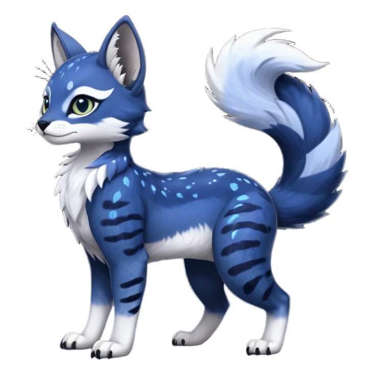 Cute kawaii cool edgy badass  glossy midnight-blue fur with silver starlight dusting fantasy-caracal-civet-genet-sergal-vernid-Gryphon-Cacomistle-Trico-oncilla-animal-Fakémon-hybrid-fursona (full body), facial markings, (realism style) sticker