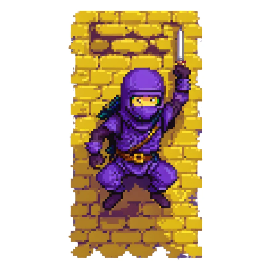 pixel art stealthy ninja, dark purple outfit, climbing a wall sticker