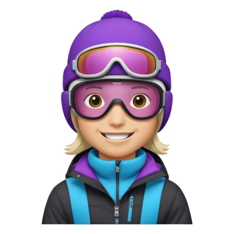 Pro Snowboarder with white and grey beanie, ONE pair of purple and blue frameless goggles on and a black jacket sticker