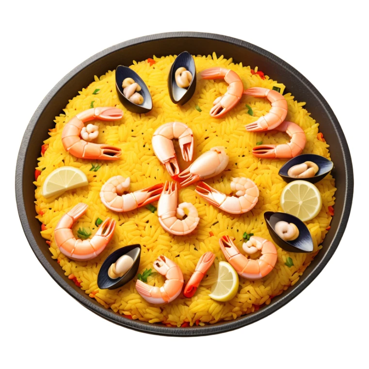 cinematic-realistic-paella-dish-emoji,-depicted-as-a-vibrant,-aromatic-rice-dish-loaded-with-seafood,-chicken,-and-saffron-rendered-with-rich-textures-and-dynamic,-warm-lighting with a lemon slice in the middle sticker