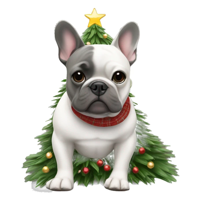 Grey French bulldog wearing Uggs in a Christmas tree sticker