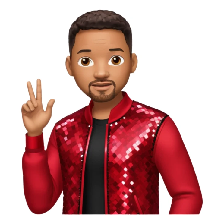 Will Smith with dark brown hair, red sequin outfit sticker
