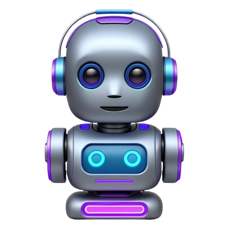 chatbot robot in gray color, with neon glow lines, blue neon glow on top left, purple neon glow on bottom right sticker