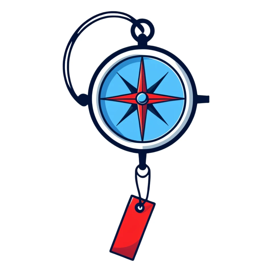 iOS compass with blue and red north/south markers hanging by a white ribbon sticker